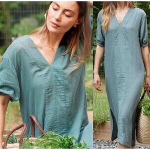 LAKE Gauze Cotton Caftan Dress Cypress Green Short Sleeves Midi V Neck XL